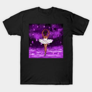 Black ballerina with white tutu dancing in the rain, ballerina among raindrops falling into Water T-Shirt